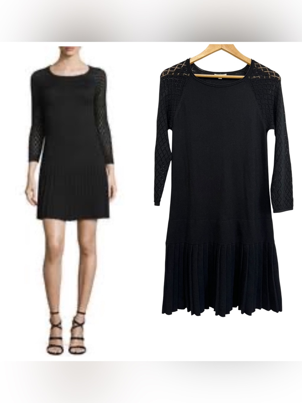 Shoshanna Black Long Sleeve Pleated Hem Wool Blend Sweater Shift Dress Medium